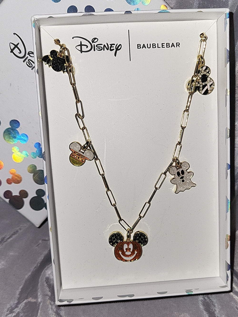 Disney Gold-Tone Necklace with Black, Orange & Green Mickey Charms